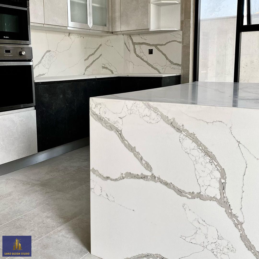 Kitchen furnished with White Quartz Artificial Marble