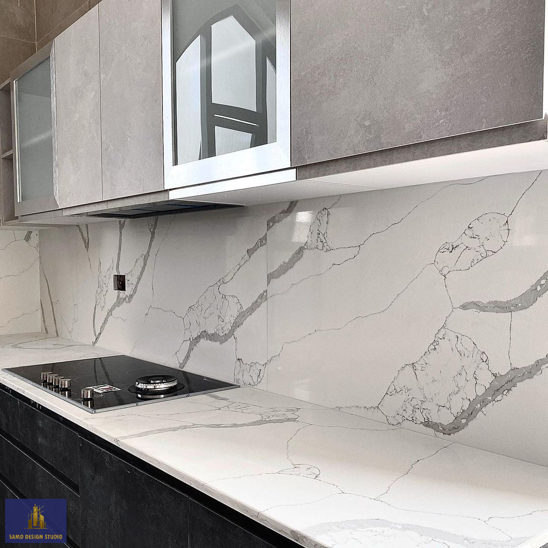 Kitchen furnished with White Quartz Artificial Marble